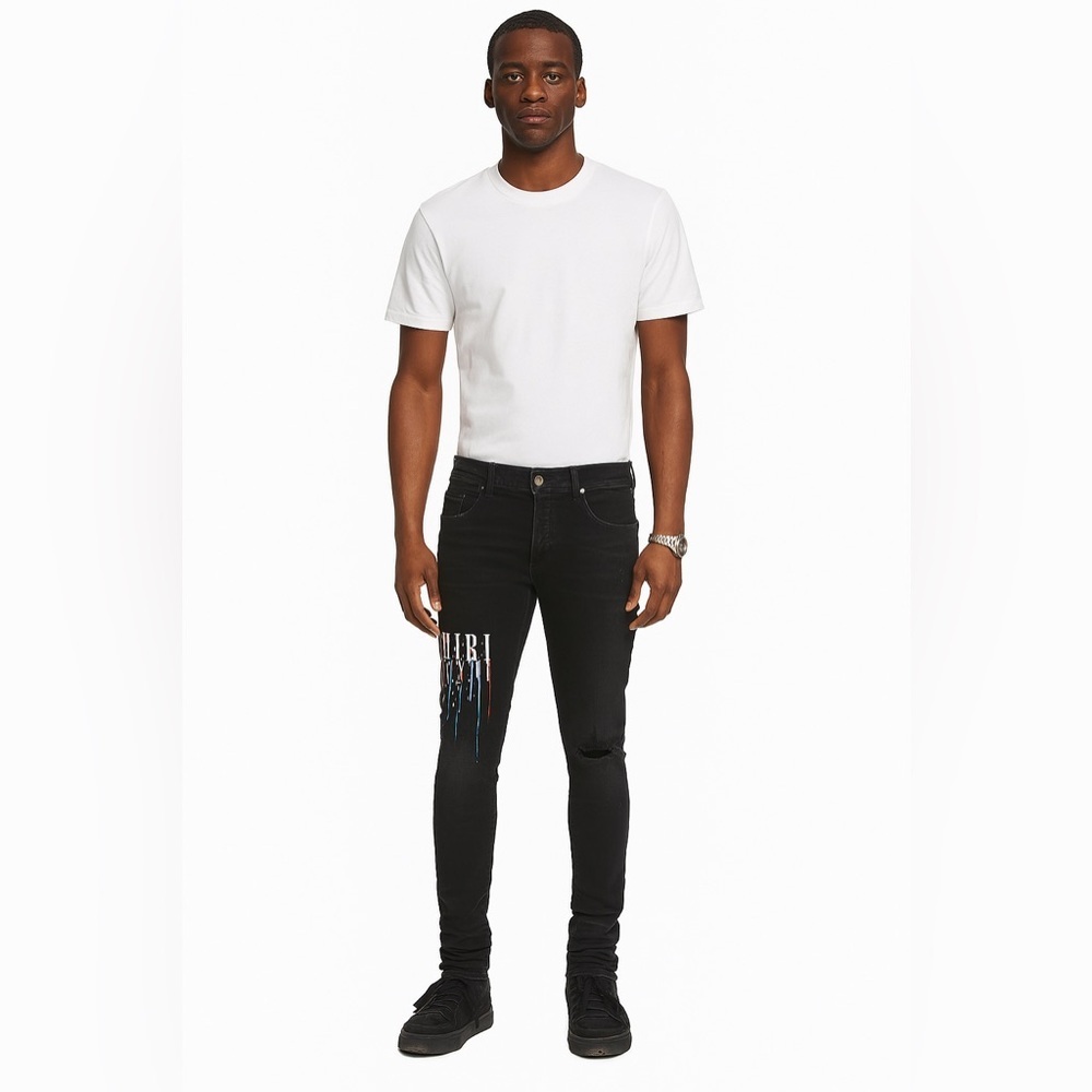 AMIRI Paint Drip Logo Black Skinny Tapered Jeans